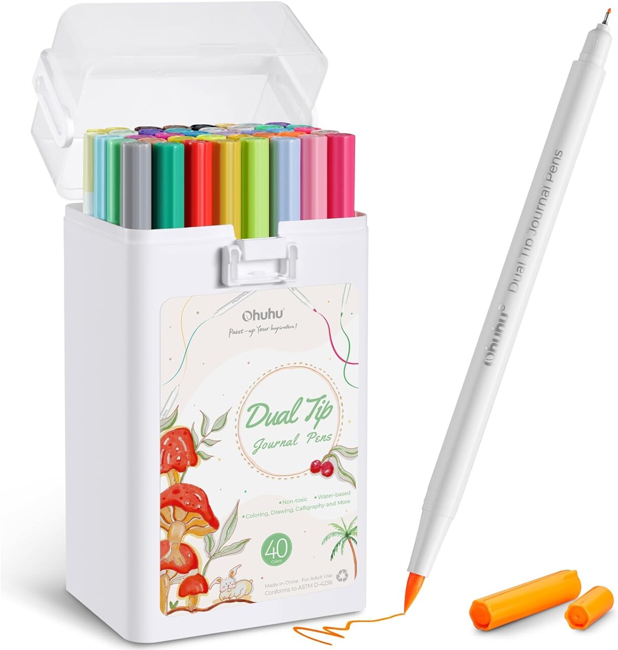 Ohuhu Markers Pens for Journaling: 40 Colors Art Markers Dual Tips Extra Fine & Brush Pens Water-Based Coloring Markers for Adults Coloring Books Bullet Journal Drawing Calligraphy Sketching